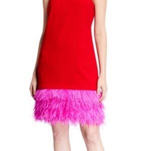 Trina Turk Vibrant Red Dress with Pink Feather Trim